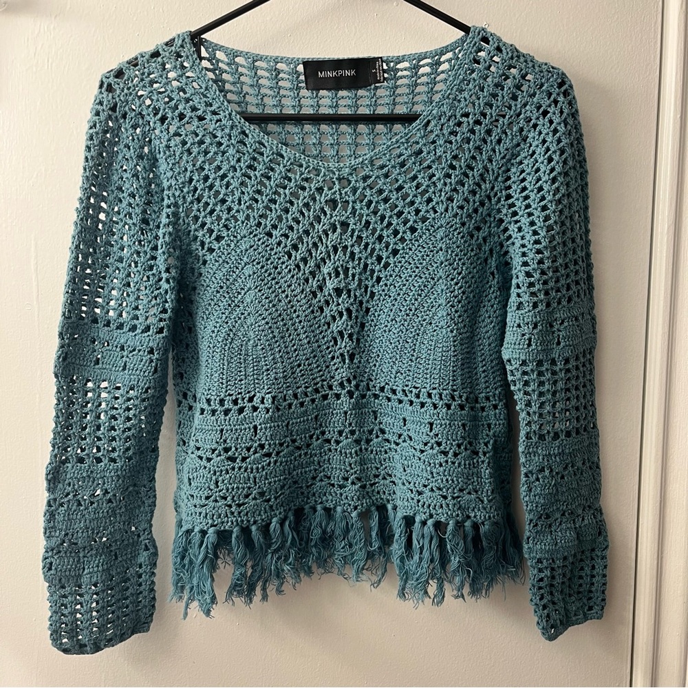 MINKPINK crochet teal crop sz S